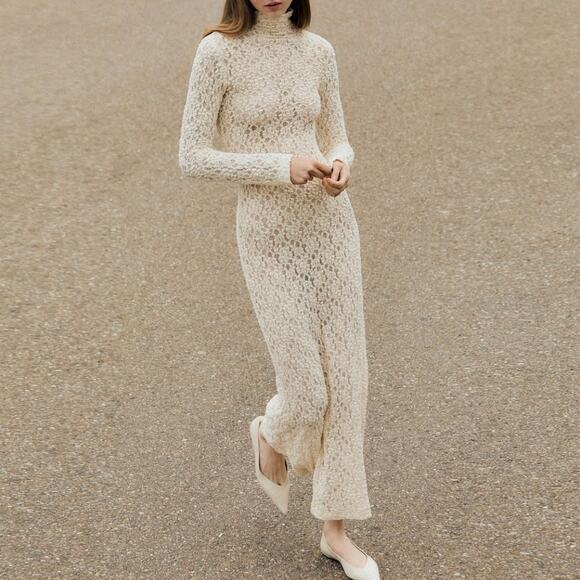 ENZA COSTA Puckered Lace Mockneck Dress Womens Medium Natural Off White Maxi NEW - Picture 1 of 16
